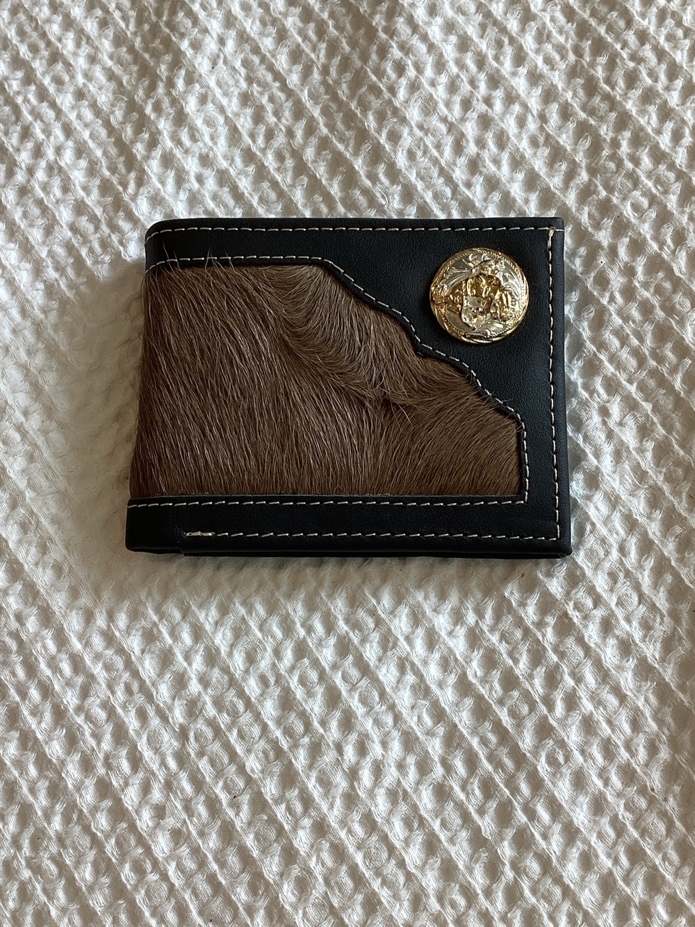 Men's Black and Brown Haircalf‎ Bifold Wallet with Gold Medallion